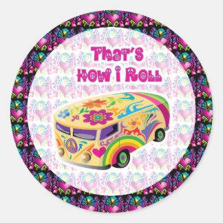 Hippie-Van, wie ich rolle mit groovy Herzen Runder Aufkleber