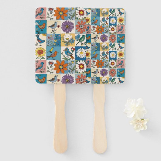 Hippie-Volks kunst Blumen-Patchwork mit Vögeln Fächer (Vorne und Hinten)