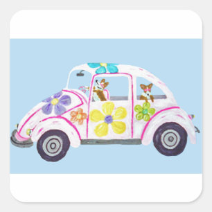 Hippie Welsh Corgis in ihrem Flower Child Liebesau Quadratischer Aufkleber