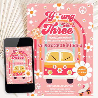 Hippie Young Wild & Drei Groovy 3. Geburtstag Einladung