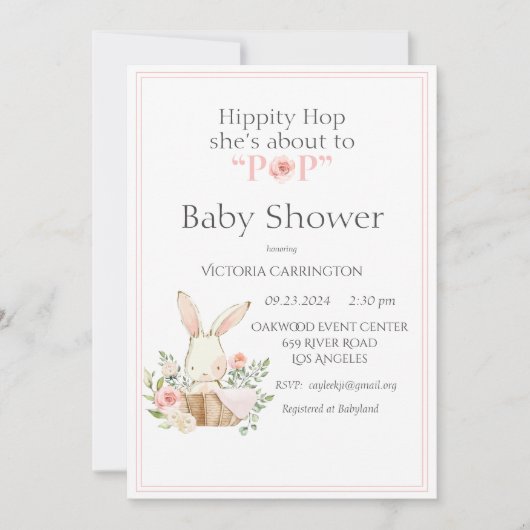 Hippity Hop Bunny Pink Moderne Babydusche Einladung (Vorderseite)