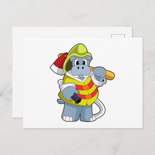 Hippo als Firefighter mit Ax Postkarte (Vorne/Hinten)