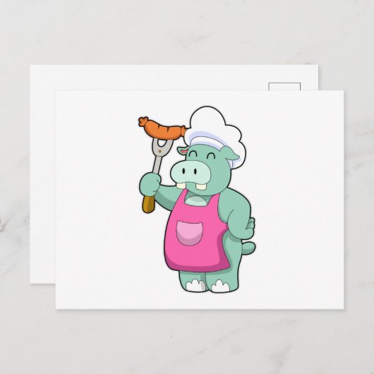 Hippo als Koch mit Wurst Postkarte (Vorne/Hinten)