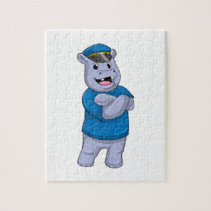 Hippo als Polizeibeamter mit Polizeihut Puzzle