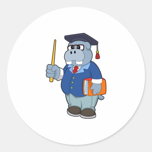 Hippo als Professor mit Buch Runder Aufkleber (Vorderseite)