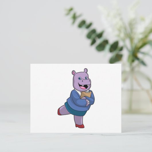 Hippo als Secretary mit Notepad Postkarte (Stehend Vorderseite)