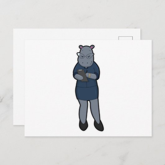 Hippo als Sekretär mit Notepad & Pen Postkarte (Vorne/Hinten)