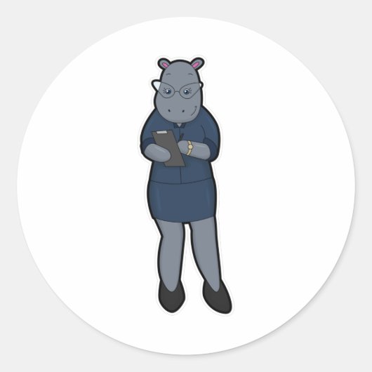 Hippo als Sekretär mit Notepad & Pen Runder Aufkleber (Vorderseite)