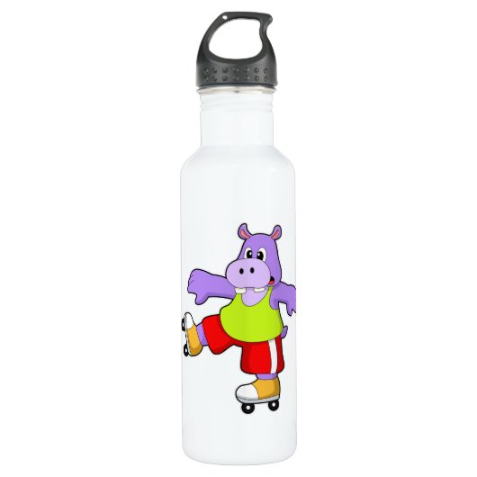 Hippo als Skater mit Inline-Skaten Edelstahlflasche (Vorderseite)