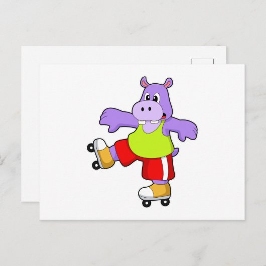 Hippo als Skater mit Inline-Skaten Postkarte (Vorne/Hinten)