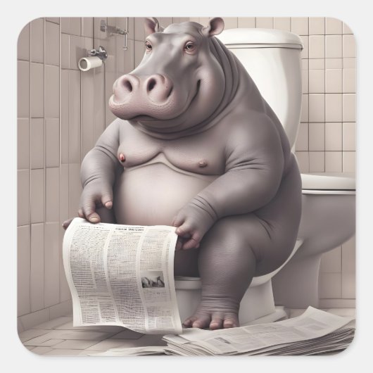Hippo auf der Toilette Reading Newspapier Quadratischer Aufkleber (Vorderseite)
