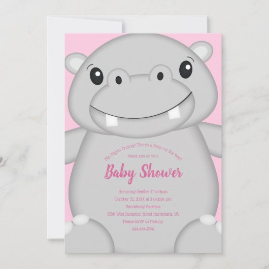 Hippo Baby Dusche Rosa Einladung (Vorderseite)