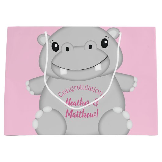Hippo Baby Dusche Rosa Große Geschenktüte (Vorderseite)