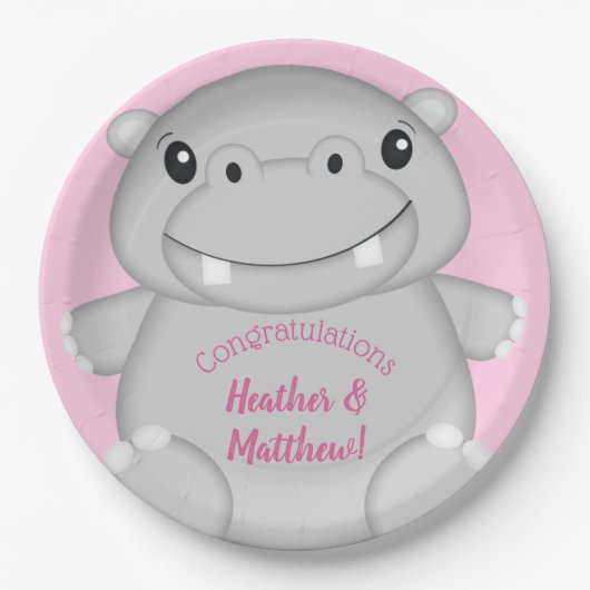 Hippo Baby Dusche Rosa Pappteller (Vorderseite)