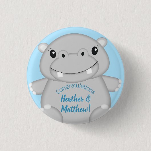 Hippo Baby Shower Blue Button (Vorderseite)