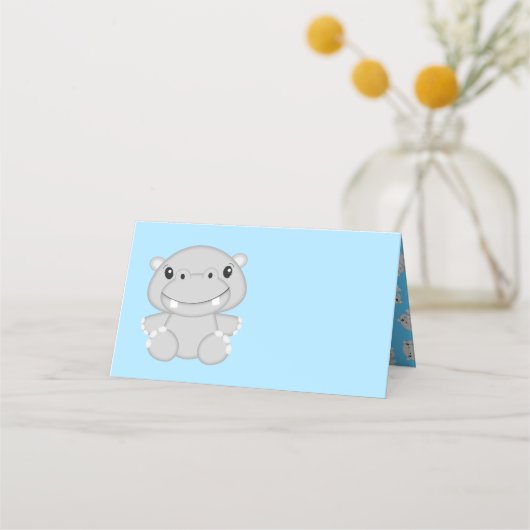 Hippo Baby Shower Blue Platzkarte (Vorderseite)