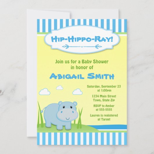 Hippo Baby Shower Einladung Blue Hippo Boy (Vorderseite)