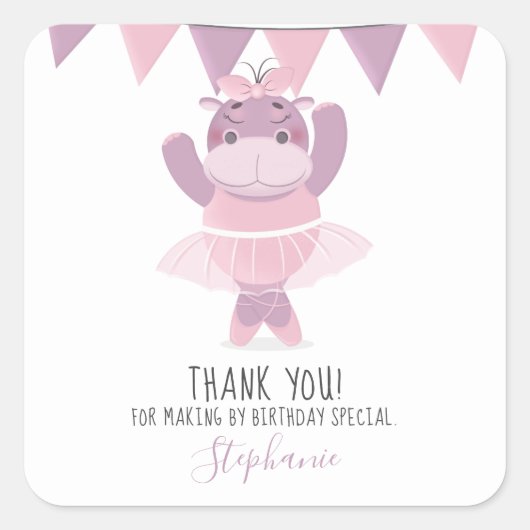 Hippo Ballerina Quadratischer Aufkleber (Vorderseite)