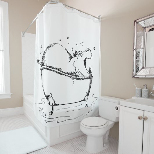Hippo Bath Fun Illustration Black Duschvorhang (Beispiel)