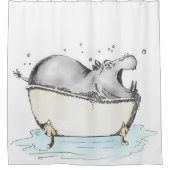 Hippo Bath Fun Illustration Wasserfarbe Duschvorhang (Vorderseite)