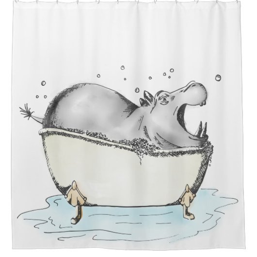 Hippo Bath Fun Illustration Wasserfarbe Duschvorhang (Vorderseite)