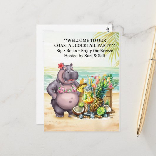 HIPPO BEACH Cocktailparty Willkommensnachricht Postkarte (Vorderseite/Rückseite Beispiel)