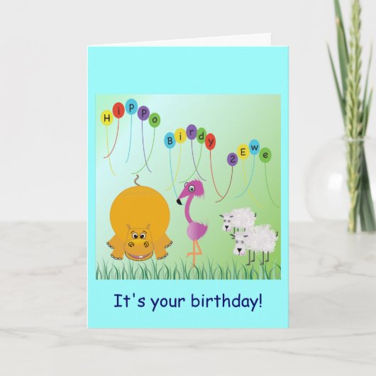 Hippo, Birdy, 2 Ewe Birthday Card Karte (Vorderseite)