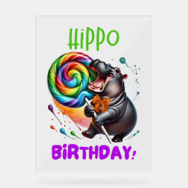 Hippo Birthday fröhlich, farbenfroh Candy Swirl | Acrylschild