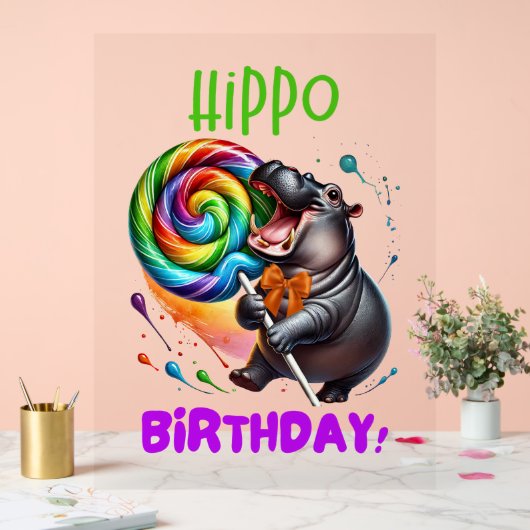 Hippo Birthday fröhlich, farbenfroh Candy Swirl | Acrylschild (Hochzeit)