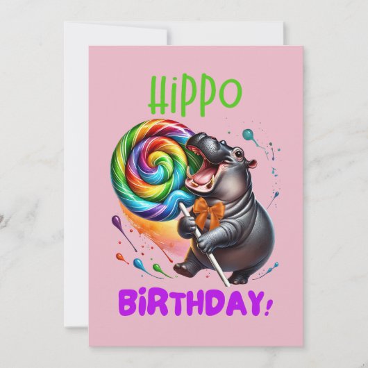 Hippo Birthday fröhlich, farbenfroh Candy Swirl | Einladung (Vorderseite)