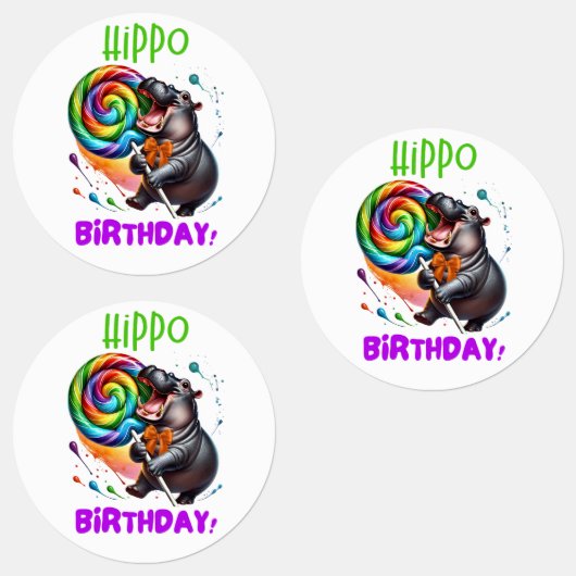 Hippo Birthday fröhlich, farbenfroh Candy Swirl | Etiketten (Gruppe)