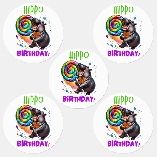 Hippo Birthday fröhlich, farbenfroh Candy Swirl | Etiketten (Gruppe)