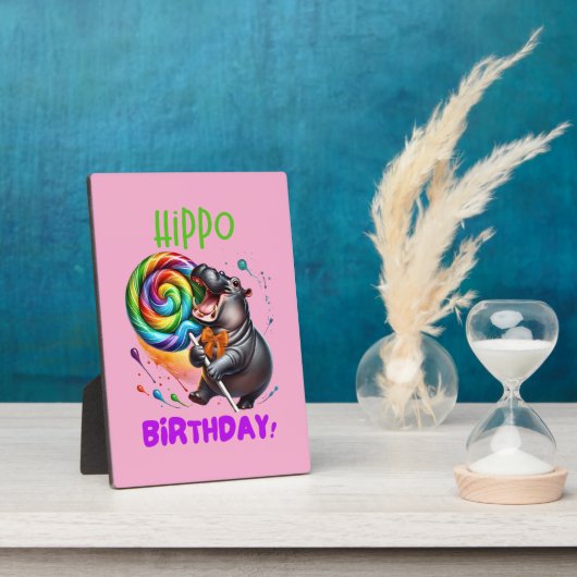 Hippo Birthday fröhlich, farbenfroh Candy Swirl | Fotoplatte (Seite)