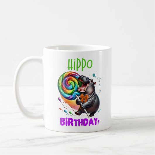 Hippo Birthday fröhlich, farbenfroh Candy Swirl | Kaffeetasse (Links)