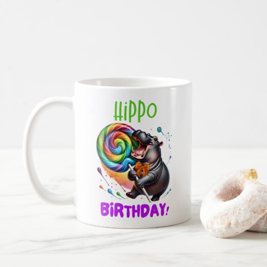 Hippo Birthday fröhlich, farbenfroh Candy Swirl | Kaffeetasse (Mit Donut)