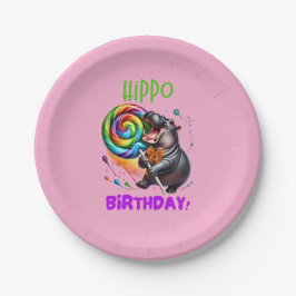 Hippo Birthday fröhlich, farbenfroh Candy Swirl | Pappteller