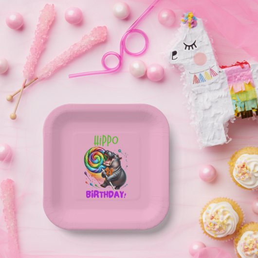 Hippo Birthday fröhlich, farbenfroh Candy Swirl | Pappteller (Party)