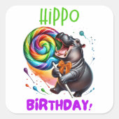 Hippo Birthday fröhlich, farbenfroh Candy Swirl | Quadratischer Aufkleber (Vorderseite)