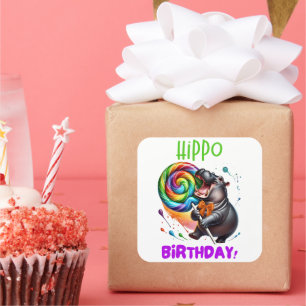 Hippo Birthday fröhlich, farbenfroh Candy Swirl   Quadratischer Aufkleber