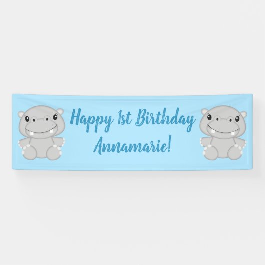 Hippo Birthday Party Blue Banner (Horizontal)