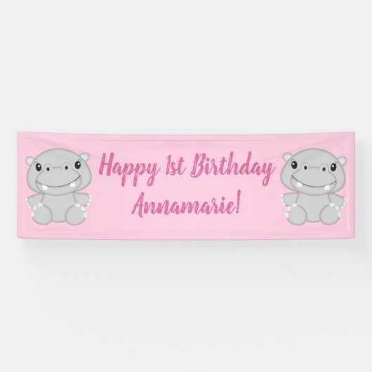 Hippo Birthday Party Pink Banner (Horizontal)