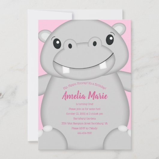 Hippo Birthday Party Pink Einladung (Vorderseite)