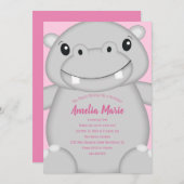 Hippo Birthday Party Pink Einladung (Vorne/Hinten)