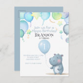 Hippo Birthday sanft blau einfache Einladung (Vorne/Hinten)