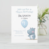 Hippo Birthday sanft blau einfache Einladung (Stehend Vorderseite)