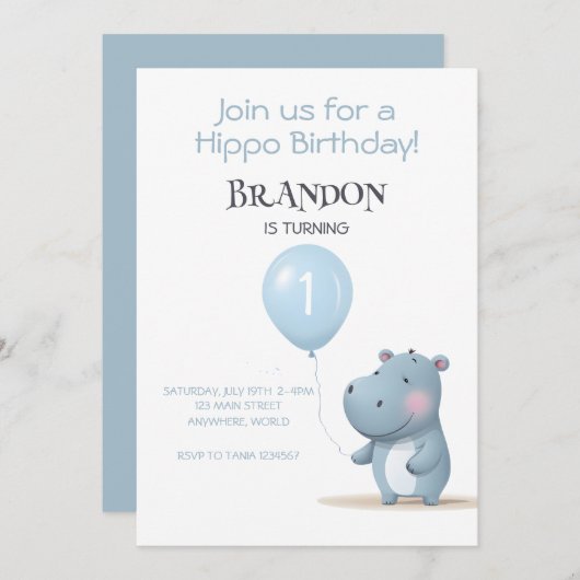 Hippo Birthday sanft blau einfache Einladung (Vorne/Hinten)