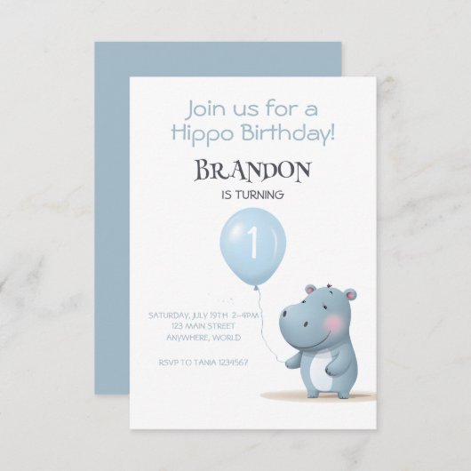 Hippo Birthday sanft blau einfache Einladung (Vorne/Hinten)