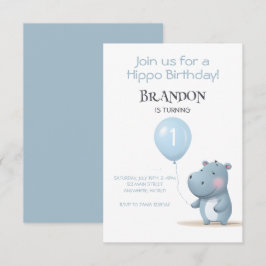 Hippo Birthday sanft blau einfache Einladung