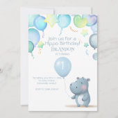 Hippo Birthday sanft blau einfache Einladung (Vorderseite)