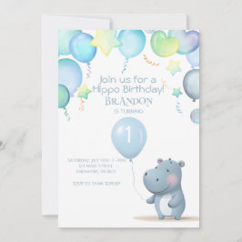 Hippo Birthday sanft blau einfache Einladung